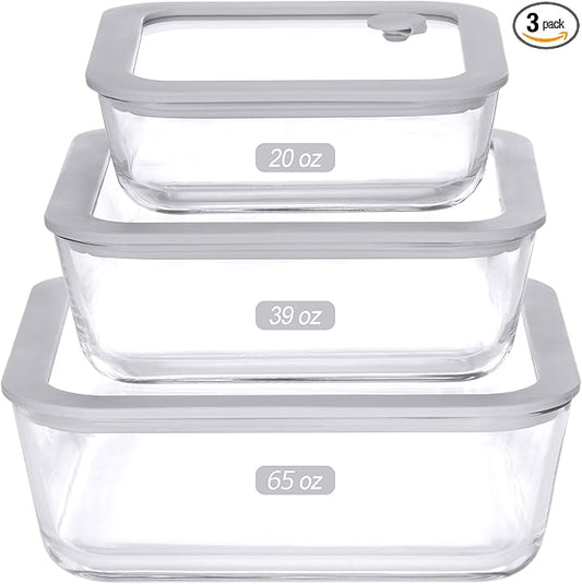 Glass Food Containers with Glass Lid, Microwave Safe Glass Food Storage Container Set, 3 Pack, Square Shape, Glass Food Containers with Lids, Glass Meal Prep containers with Leak Proof Lid.