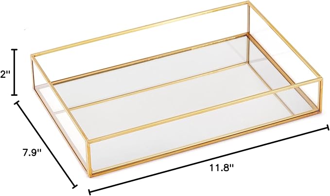 Gold Mirror Decorative Tray Jewelry Perfume Organizer Vanity Tray, Dresser Decorative Tray, Bathroom Bedroom Cosmetics Storage, 11.8"x7.9"x2"