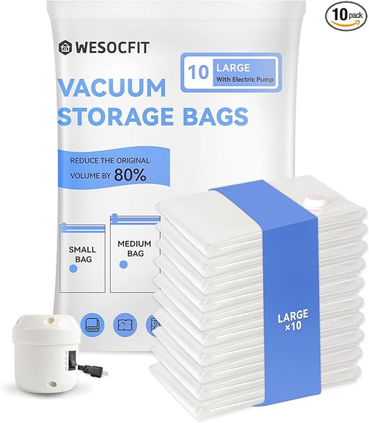 10 Large Vacuum Storage Bags, Vacuum Seal Bags for Clothing, Pillows, Comforters, Blankets, Space Saver Bags with Electric Pump