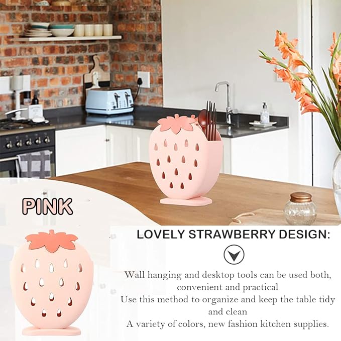 AKOAK 1 Pack Strawberry Chopsticks Stand, Cutlery Storage Box, Suitable for Storing Spoons, Chopsticks, Spoons, Knives and Other Kitchen Utensils (Light Pink)