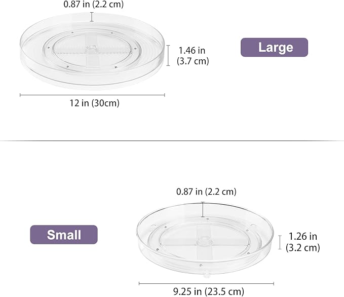 Puricon 2 Pack Clear Lazy Susan Turntable Organizer (12" & 9.25"), Plastic Rotating Tray Home Edit Lazy Susan Spice Rack Cabinet Organizer for Pantry Countertop Kitchen Fridge Bathroom -Low Edge