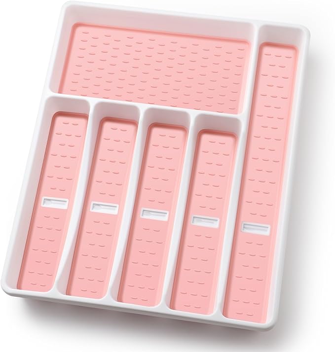 Silverware Organizer with Cutlery Icons，Pink Kitchen Silverware Tray for Drawer，Plastic Flatware Tableware Cultery Drawer Organizer Utensil Organizer with Non-slip TPR Linings，6-Compartment，Pink