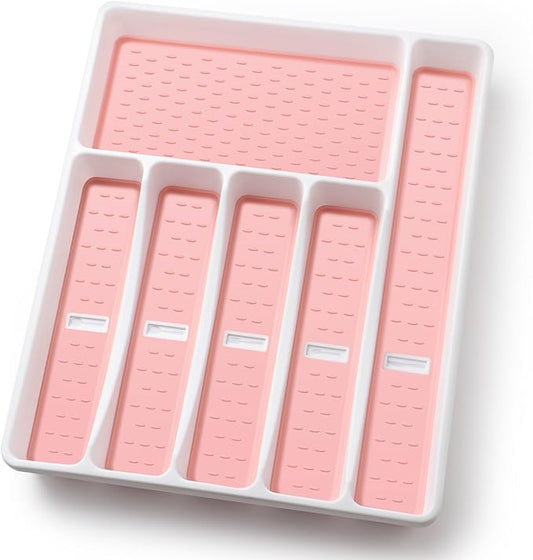 Silverware Organizer with Cutlery Icons，Pink Kitchen Silverware Tray for Drawer，Plastic Flatware Tableware Cultery Drawer Organizer Utensil Organizer with Non-slip TPR Linings，6-Compartment，Pink