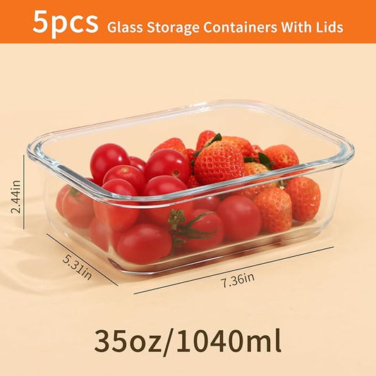 5-Pack Glass Storage Containers with Lids,35 Oz Meal Prep Containers Reusable,Airtight Glass Lunch Containers,for Microwave, Freezer & Dishwasher,Light Gray Leak Proof Locking Lids