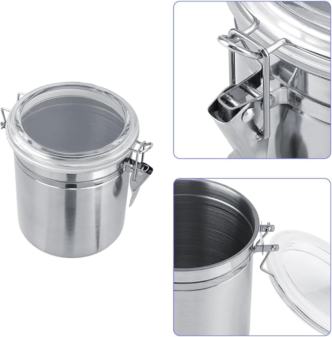 Stainless Steel Coffee Canister, Airtight Ground Coffee Bean Storage Container Keep Bean Fresh Organizer Jars Clear Clamp Lid Large Capacity for Kitchen Organization Pantry Tea Flour Sugar 1450ml
