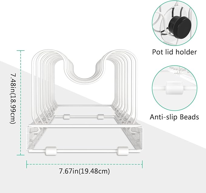 Puricon Expandable Pot and Pan Organizer for Cabinet with 10 Dividers, Adjustable Pots and Pans Organizer Rack Pan Lid Cookware Bakeware Baking Storage Holder for Kitchen Countertop Pantry -White