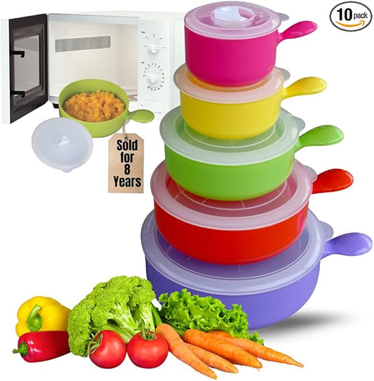Evelots Microwave, Freezer Safe Bowls - 10 Piece Set - With Vented Lids and Handles - Soup Bowls, Ramen, Cookware, Food Container Microwave Safe - BPA Free Plastic