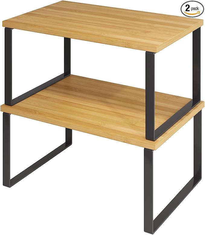 SUYU Kitchen Cabinet Organizer Shelf,Bamboo Spice Rack Set of 2,Space-Saving Countertop Organizer for Kitchen, Office, or Closet, Stackable and Nesting Shelves,Black and Natural SCW201H