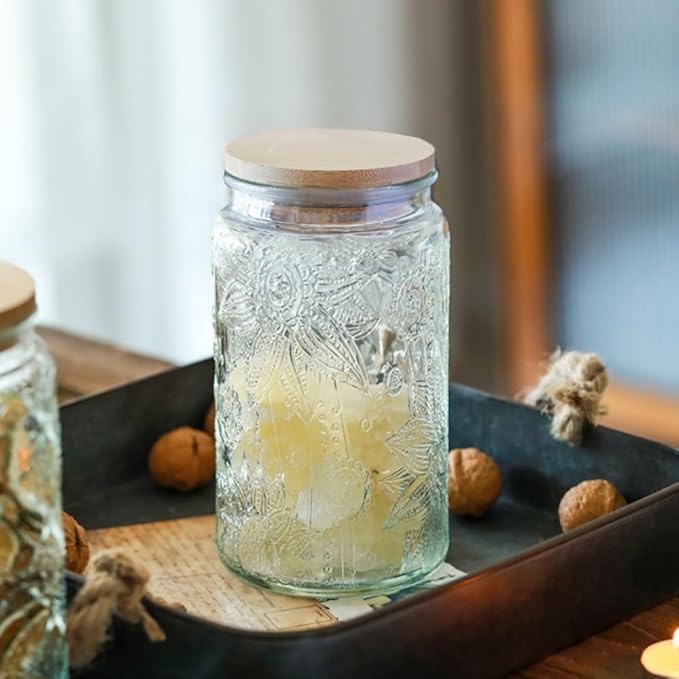 Vintage Glass Canister, 34 oz Glass Food Storage Jar - Round Sunflower Pattern for Kitchen, Coffee, Tea, Candy, Sugar