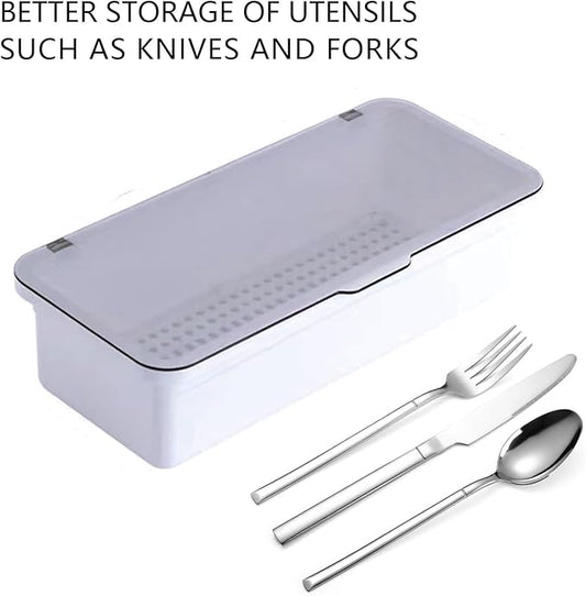 Flatware Tray with Lid,Silverware Tray Kitchen Cutlery Tray and Utensil Storage Container for Flatware and Silverware (White)