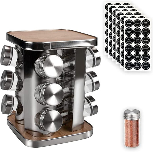 Revolving Countertop Spice Rack, 12 Jars Stainless Steel Rotating Seasoning Storage Organizer for Cabinet, Spice Carousel Tower for Kitchen