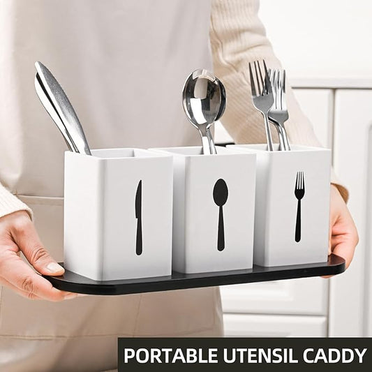 GEHE 3Pcs Silverware Caddy Utensil Holder for Countertop, Utensil Caddy for Parties, Flatware Organizers with Tray, Silverware Caddy Organizer Holder for Forks, Spoons, Knives, White