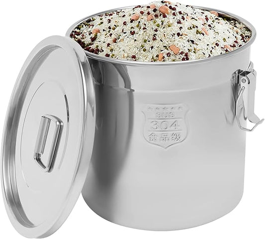 DYNAMI 304 Stainless Steel Airtight Canister with Airtight Lids, 5.5Gal Large Canisters Container w/Locking Clamp,Bucket Metal Food Storage Containers for Flour,Grain, Coffee Bean(21L)