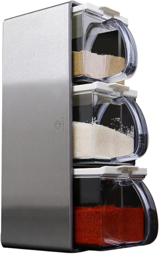 Salt Container With Lid And Spoon, Clear Seasoning Rack Spice Pots, 3 Piece Seasoning Box For Home Kitchen Café Storing Salt Sugar Pepper Spice (3 Pieces)