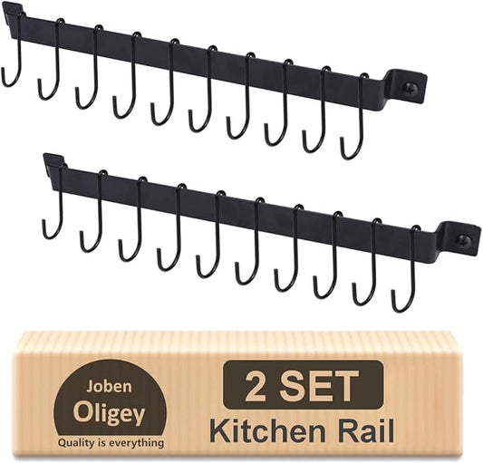 Joben Oligey Utensil Holder, Kitchen Rail With 10 Hooks, Pots and Pans Organizer Hanger, Wall Mounted Wrought Iron Hanging Black 17 Inch for Coffee Mug Rack Cup Hanging, Set of 2