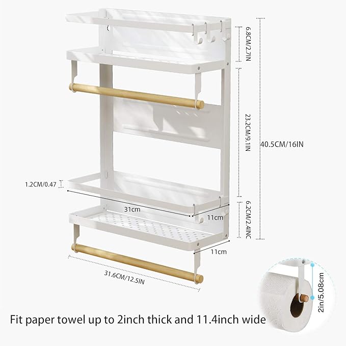 EASTTOWEST Magnetic Spice Rack,4 Tier Kitchen Magnetic Shelf for Refrigerator with 2 Paper Towel Holders and 5 Removable Hooks,Matte White