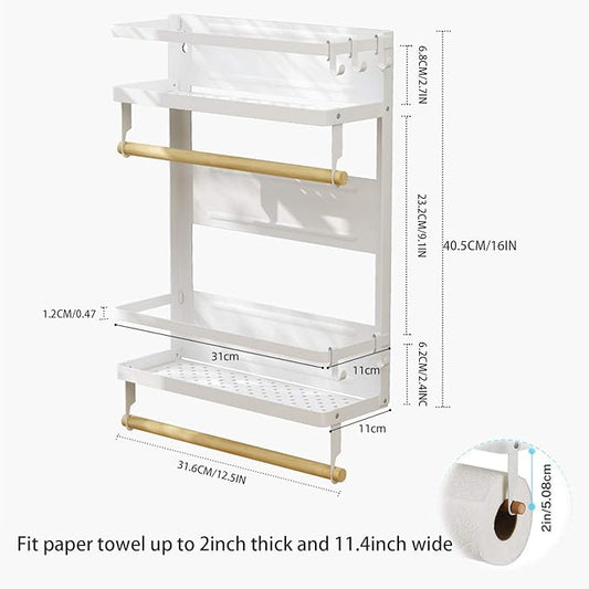 EASTTOWEST Magnetic Spice Rack,4 Tier Kitchen Magnetic Shelf for Refrigerator with 2 Paper Towel Holders and 5 Removable Hooks,Matte White