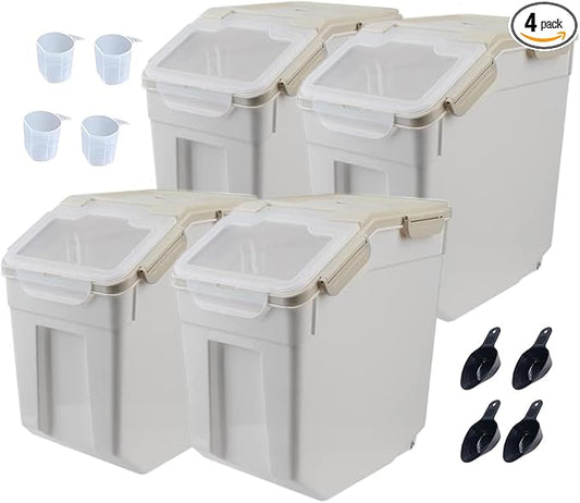 YXQ 25LB Large Flour Storage Container Bin,4 Pack Airtight Plastic with Wheels Seal Locking Lid Dispenser Organizer Storage Bin with Measuring Cup & Scoop for Flour, Rice, Grain 100LBS Total，Grey