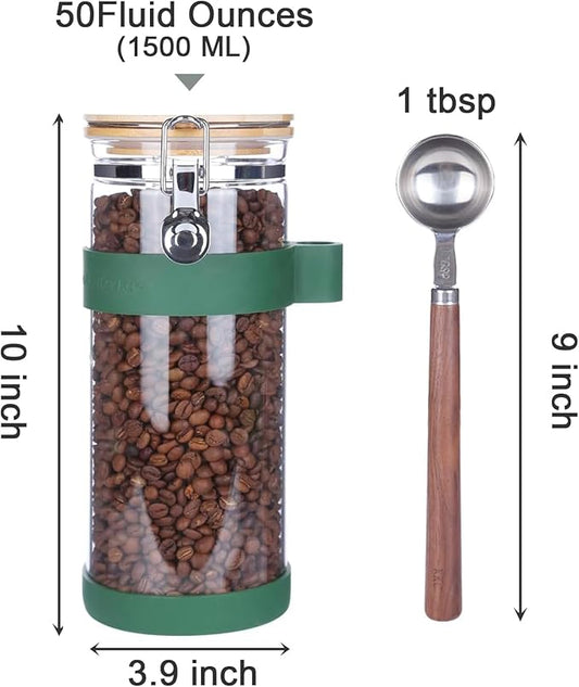 KKC HOME ACCENTS Air tight Glass Food Storage Canister with Lid and Scoop, Airtight Sealed Glass Container with Clamp Lid for Ground Coffee or Beans,Loose Tea,Brown Sugar,50 Fluid Ounce