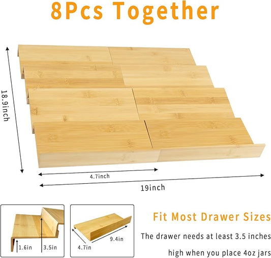 Bamboo Spice Rack For Drawer, 8Pcs Tier Stackable Seasoning Storage Organizer Insert,for kitchen condiments storage insert(Jars Not Included,18.9" Wide×18.9" Deep×1.8" High