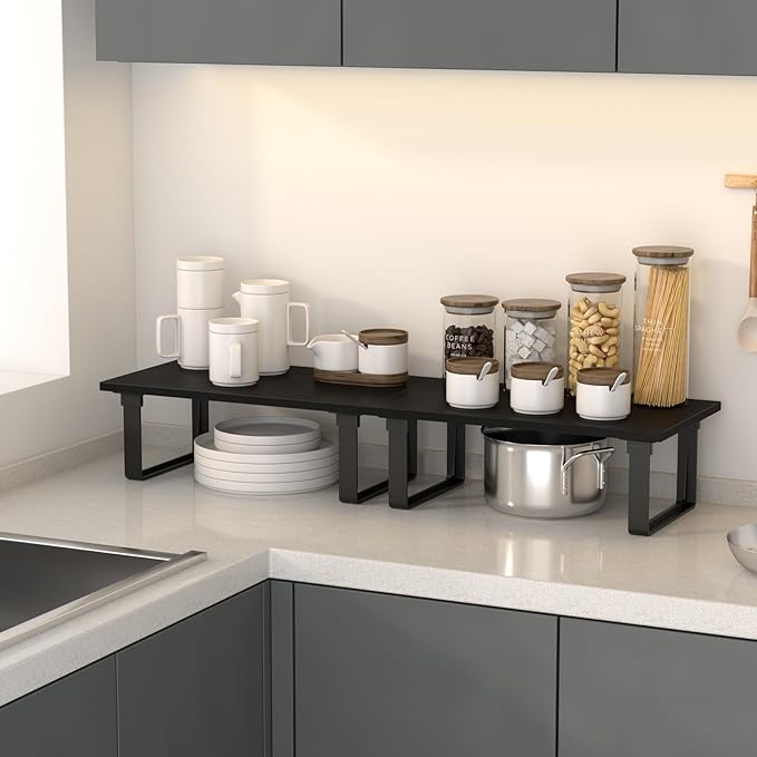 Cabinet Shelf Organizers, Set of 4 Stable Kitchen Counter Shelves, Stackable Expandable Spice Racks, Wood Anti-Slip Kitchen Organizers and Storage, Easy to Assemble, Black