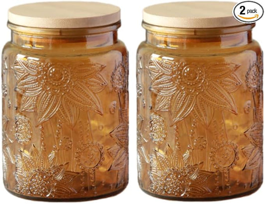 ANSQU Set of 2 Vintage Glass Kitchen Storage Jars, 23.7 FL OZ Gass Jar with Airtight Lid, Vintage Mason Jars for Home Kitchen Coffee Tea Sugar Cookie Candy Jars (Yellow, 2 Pack)