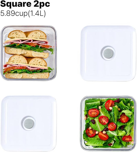 Premium Airtight Food Storage Containers, Square 2PC/Set(1.48qt/1.4Lx2pcs), Smart One-Click Seal Lid, No Hinges, 100% Leak Proof, BPA-FREE, Dishwasher, Freezer & Microwave Safe