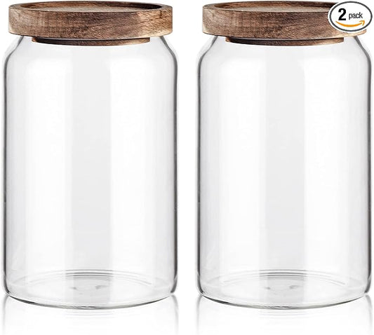 Labina Glass Storage Container Airtight Food Jars Kitchen Canister with Wood Lids, 33 Oz Wide Mouth Pantry Organization Glass Jar for Flour, Sugar, Cookie, Spagetti, Nuts and Candy (2 Pack)