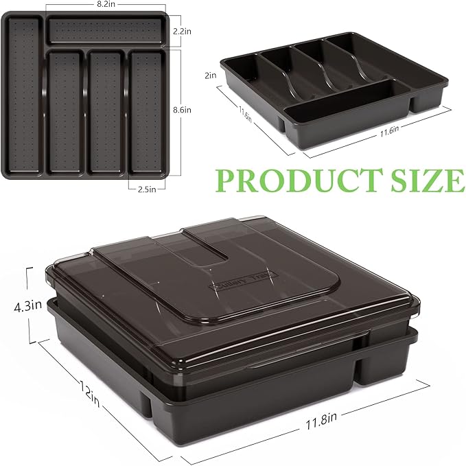 2 Layer Large Silverware Tray with Lid,Stackable utensil organizer for countertop,Removable Tray for Flatware Organizer, Black
