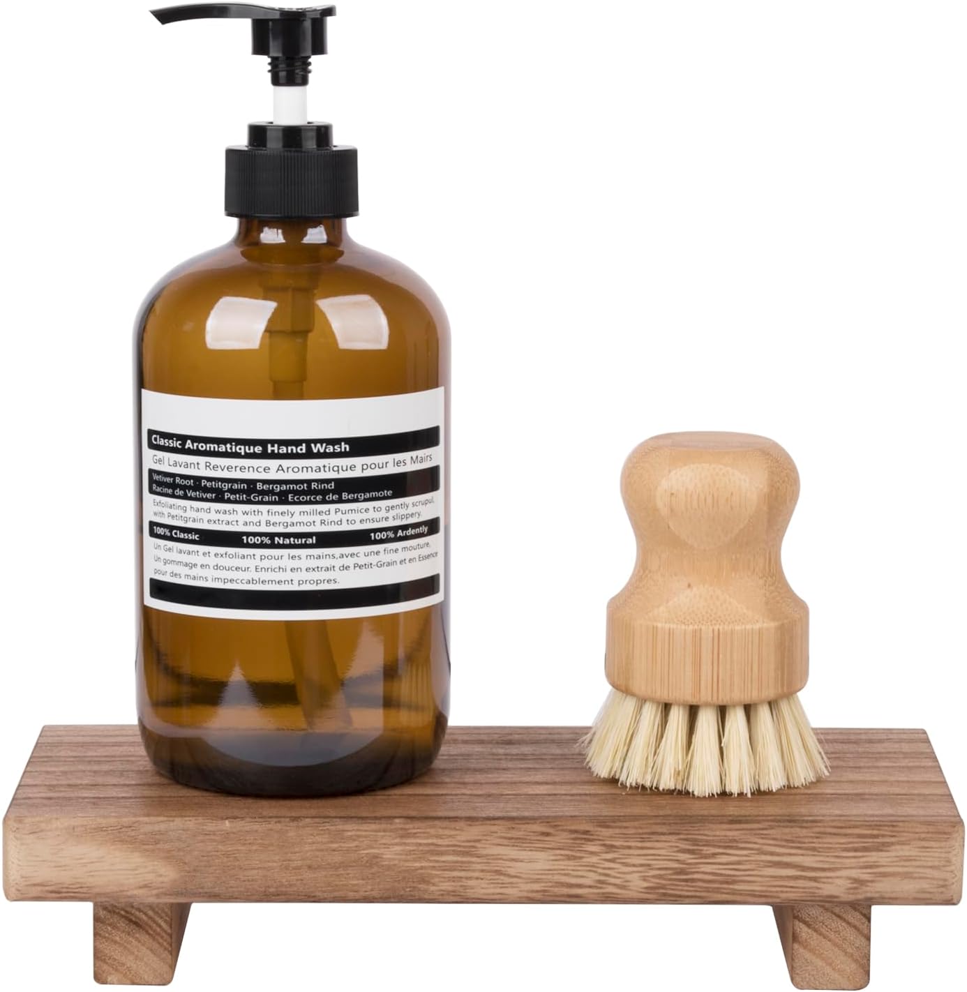 Small Wood Tray Pedestal Stand Farmhouse Bathroom Decor Decorative Wooden Riser Kitchen Soap Dish Holder for Vanity, Counter, Sink, Brown