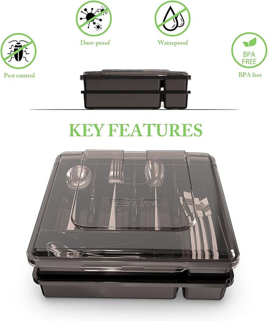 Silverware Organizer with Lid for Drawer, Plastic Utensil Holder for Countertop, Flatware Organizer Cutlery Tray with Cover 5 Compartments (2 Layer-Black)