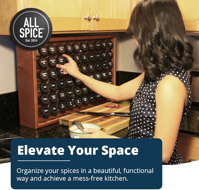AllSpice Wood Spice Rack Organizer, 525 Unique Labels, Countertop or Wall Mount, Includes 30 4oz Jars- Cherry Stain