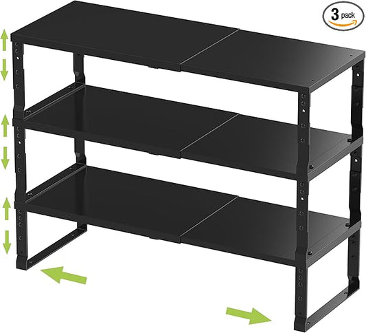 Expandable Stackable Spice Rack Organizer for Kitchen Cabinet,Adjustable Counter Shelf, countertop, Pantry,Cupboard,Bathroom,Bedroom(3Packs/Black/Large)