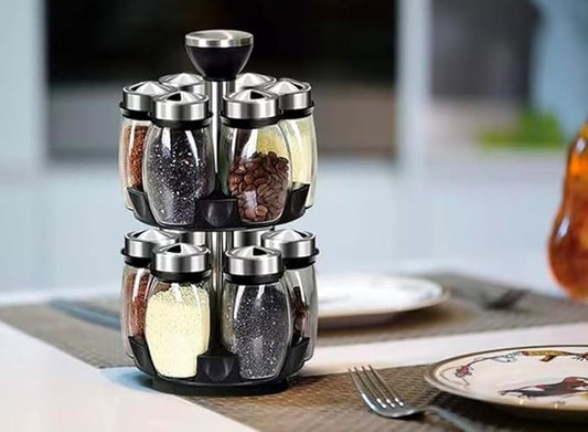 Rotating Spice Rack Organizer, 12 Glass Jars, 2-Tier Carousel Stand, Black and Silver