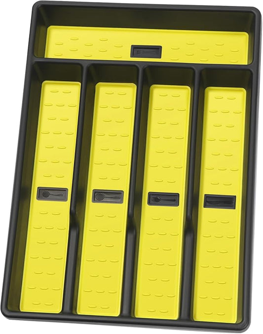 Silverware Organizer with Cutlery Icons，Silverware Tray for Kitchen Drawer，Plastic Flatware Tableware Cultery Drawer Organizer Utensil Organizer with Non-slip TPR Linings，5-Compartment，Yellow