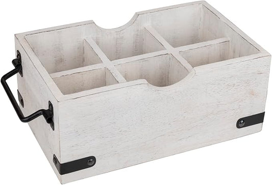 GoCraft 6-Compartment Wooden Flatware Caddy – Versatile Organizer for Kitchen Utensils, Silverware, Condiments, Craft Supplies, Makeup Brushes – Whitewashed Mango Wood with Sturdy Metal Handles