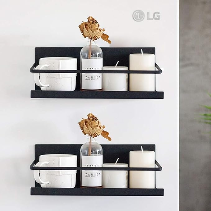 Fridge Spice Rack Organizer Single Tier Magnetic Refrigerator Spice Storage Magnet Shelf, Black,1PC