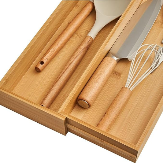 Bamboo Expandable Drawer Organizer for Utensils,16" Utensil Holder and Cutlery Tray.