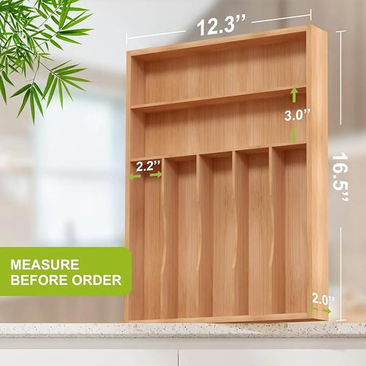 Sliverware Organizer, Bamboo Kitchen Drawer Organizer, Flatware Organizer Tray Holder for Sliverware, Utensil & Cutlery (7 Slots, Natural)