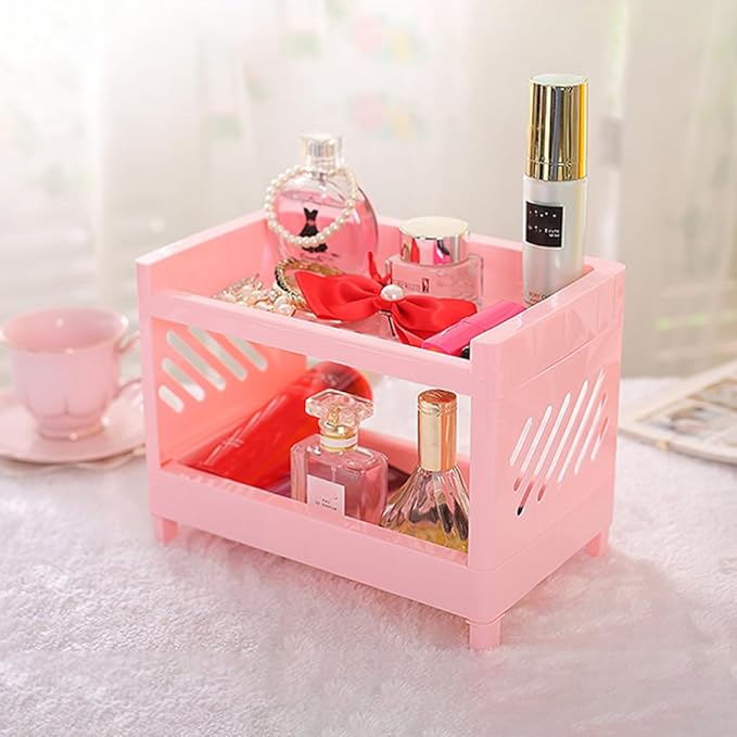 PRETYZOOM 2 Tier Foldable Countertop Organizer, Small Plastic Storage Rack for Kitchen Bathroom, Multifunctional Mini Shelf for Makeup Organizer, Bathroom Countertop Shelf, Kitchen Seasoning Holder