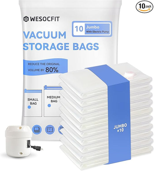 10 Jumbo Vacuum Storage Bags, Vacuum Seal Bags for Clothing, Pillows, Comforters, Blankets, Space Saver Bags with Electric Pump