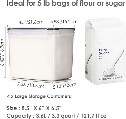 Vtopmart Food Storage Containers 3.3 quart / 3.6L, 4 Pieces BPA Free Plastic Airtight Canister for Flour, Sugar, Baking Supplies, with 4 Measuring Cups and 24 Labels,Black