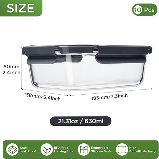 Glass Food Storage Containers with Glass Lids, 10 Pack of 21oz, Glass Meal Prep Container with Airtight Lids, Microwave Safe Food Container Set, BPA Free, LeakProof, Ideal for Lunch