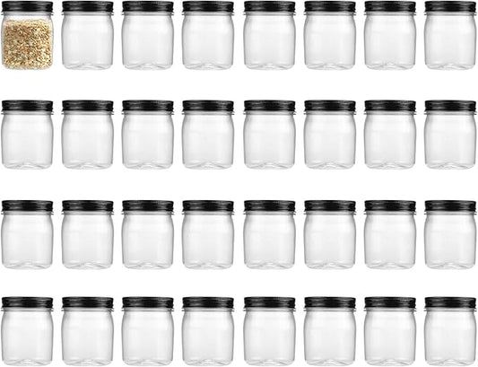 8 Ounce Clear Plastic Mason Jars With Screw On Lid, Reusable Empty Jars for Food Storage, Round BPA Free Containers for Sealing, Dry Food, Snacks, Candies, Breakage-proof, (Black - 32 Pack)