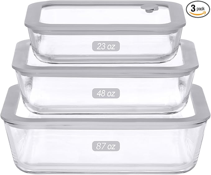 Glass Food Containers with Glass Lids, 3 Pack of Large Size, Microwave Safe Meal Prep Containers