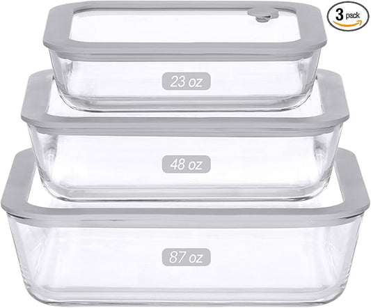 Glass Food Containers with Glass Lids, 3 Pack of Large Size, Microwave Safe Meal Prep Containers