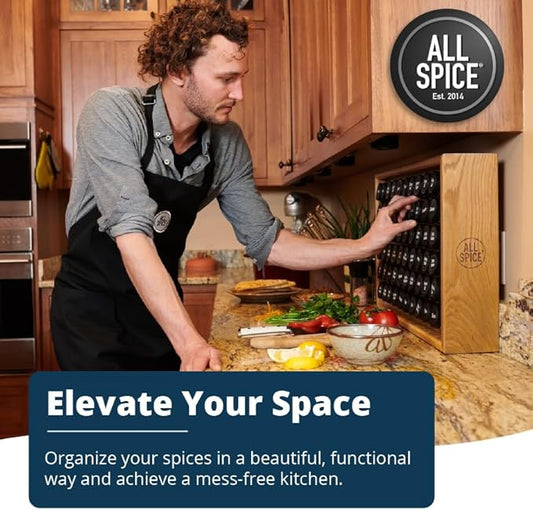 AllSpice Wood Spice Rack Organizer, 525 Unique Labels, Countertop or Wall Mount, Includes 60 4oz Jars- Bamboo