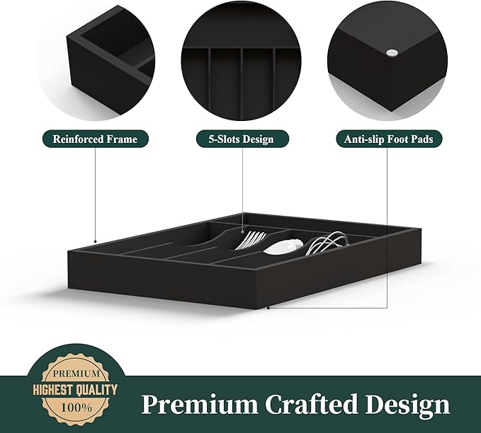 Bamboo Silverware Organizer, Kitchen Drawer Organizer, Utensil Holder, Cutlery Tray & Spoon Flatware Storage with Grooved Drawer Dividers ((5 Slots, Black)