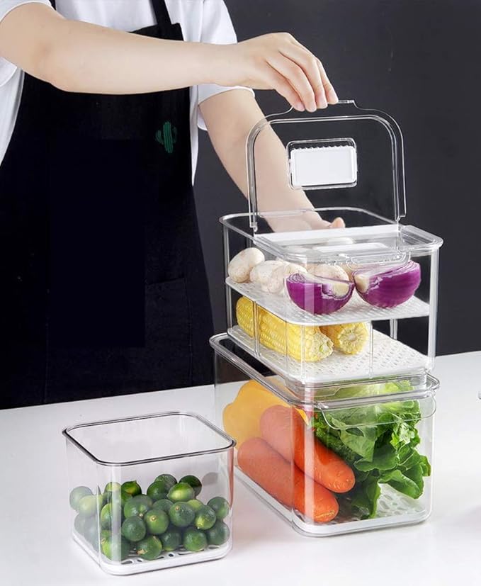 SANNO Vegetable Fruit Storage Containers, Food Storage Containers Fridge Produce Save, Stackable Refrigerator Organizer Keeper Drawers Bins Baskets with Lids and Removable Drain Tray