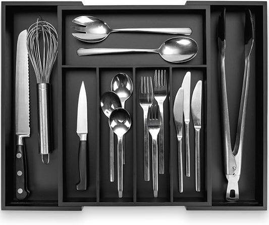 budu Silverware Drawer Organizer #15.0" Depth – Black - Utensil Holder, Kitchen Drawer Organizers for Flatware, Cutlery – Perfect Utensil Organizer for Silverware & Other Kitchen Organization Tools